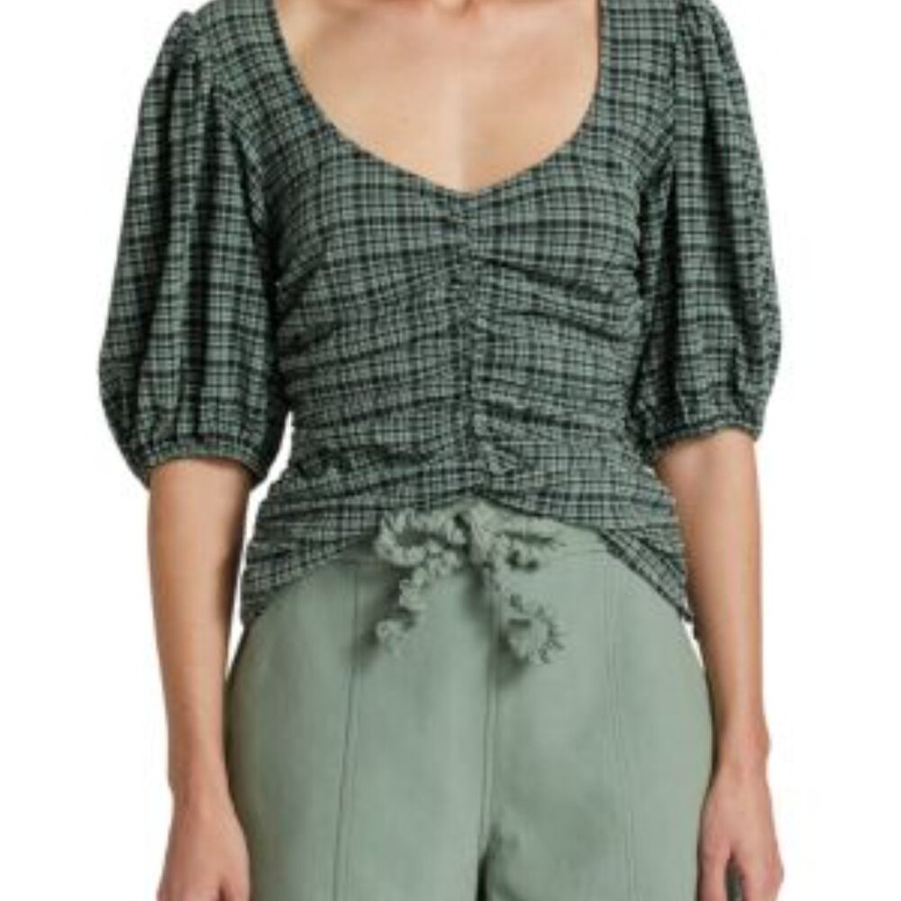 NEW NWT GANNI Green Multi Stretch Check Seersucker Top Blouse SZ 40 (8)  $215